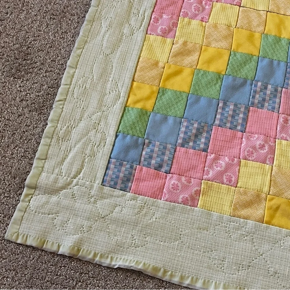 Pastel Baby Quilt Handmade Patchwork Satin Edge Crib Blanket Easter Pink Green